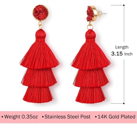 14K Yellow Gold with Turquoise Blue Silk Thread Tassel and Quartz Druzy Earrings - Picture 6 of 8